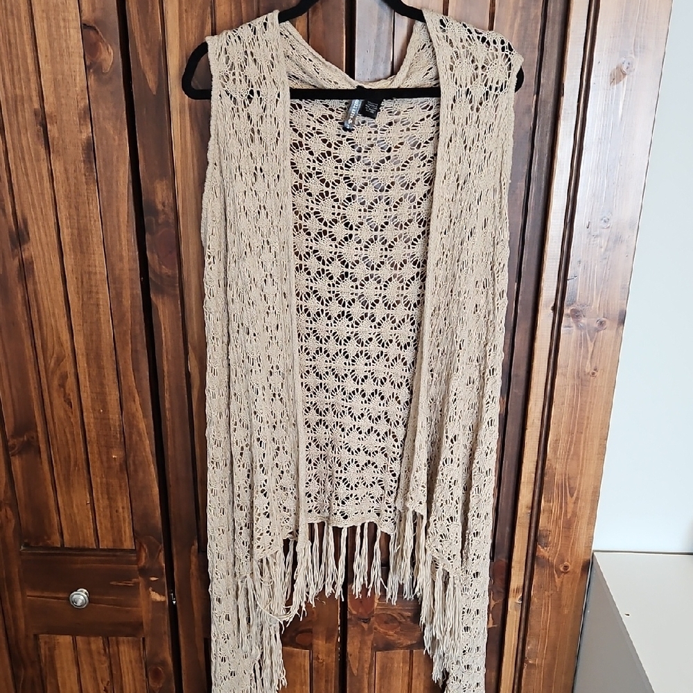 Full Tilt Tan Crochet Vest with Fringe